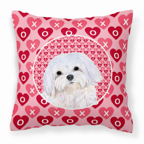 Maltese #2 Hearts Love and Valentine's Day Dog Portrait Fabric Decorative Pillow