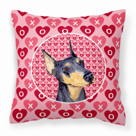 Doberman #4 Hearts Love and Valentine's Day Dog Portrait Fabric Decorative Pillow