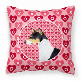 Basenji #2 Hearts Love and Valentine's Day Dog Portrait Fabric Decorative Pillow