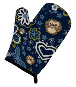 Shih Tzu - Chocolate - Blue Flowers Dog Art Oven Mitt