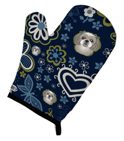 Shih Tzu - Silver - Blue Flowers Dog Art Oven Mitt