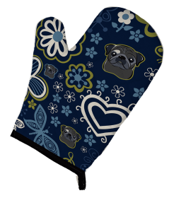 Pug - Black - Blue Flowers Dog Art Oven Mitt