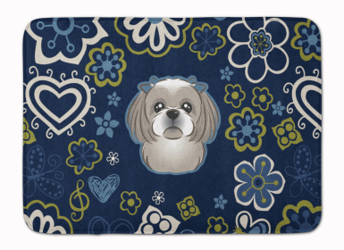 Shih Tzu - Grey/Silver - Blue Flowers Machine Washable Memory Foam Mat