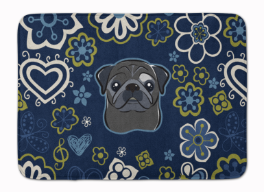 Pug - Black - Blue Flowers Machine Washable Memory Foam Mat