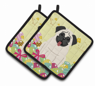 Pug - Cream Easter Eggs Dog Pair of Potholders