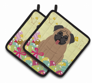 Pug - Dark Brown Easter Eggs Dog Pair of Potholders