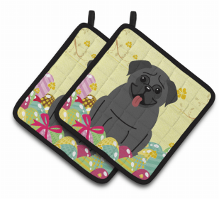 Pug - Black Easter Eggs Dog Pair of Potholders