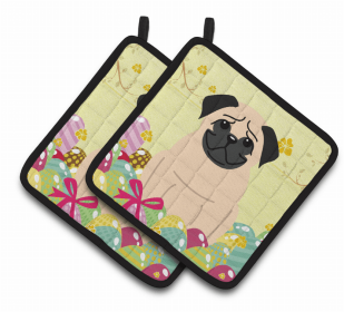 Pug - Fawn Easter Eggs Dog Pair of Potholders