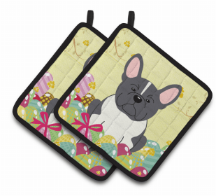 French Bulldog - Black and White Easter Eggs Dog Pair of Potholders