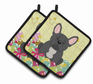 French Bulldog - Black Easter Eggs Dog Pair of Potholders