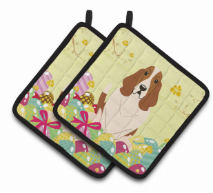 Basset Hound Easter Eggs Dog Pair of Potholders