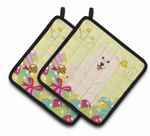 Samoyed Easter Eggs Dog Pair of Potholders