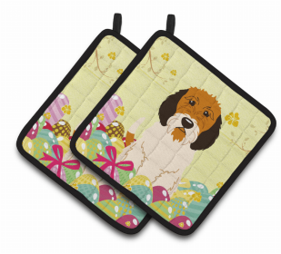 Petit Basset Griffon Vendeen Easter Eggs Dog Pair of Potholders