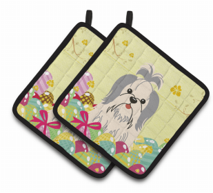 Shih Tzu - Silver and White Easter Eggs Dog Pair of Potholders