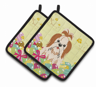 Shih Tzu - Red and White Easter Eggs Dog Pair of Potholders