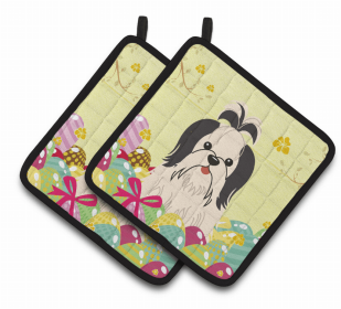 Shih Tzu - Black and White Easter Eggs Dog Pair of Potholders