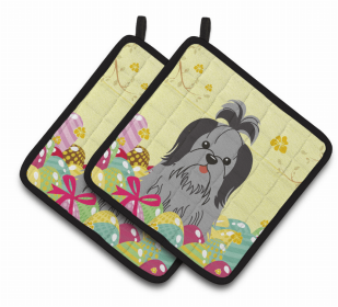 Shih Tzu - Black and Silver Easter Eggs Dog Pair of Potholders