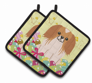 Pekingese - Red and White Easter Eggs Dog Pair of Potholders