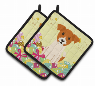 Jack Russell Terrier Easter Eggs Dog Pair of Potholders