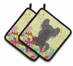 Chinese Crested - Black Easter Eggs Dog Pair of Potholders