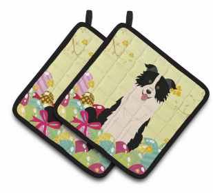 Border Collie - Black and White Easter Eggs Dog Pair of Potholders