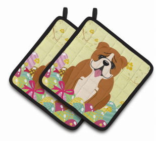 Bulldog - Red and White Easter Eggs Dog Pair of Potholders