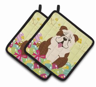 Bulldog - Brindle and White Easter Eggs Dog Pair of Potholders