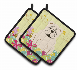 Bulldog - White Easter Eggs Dog Pair of Potholders