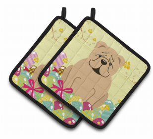 Bulldog - Fawn Easter Eggs Dog Pair of Potholders