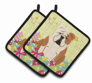 Bulldog - Fawn and White Easter Eggs Dog Pair of Potholders