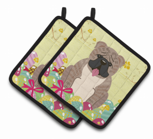 Bulldog - Grey Brindle Easter Eggs Dog Pair of Potholders