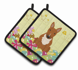 Bull Terrier - Red Easter Eggs Dog Pair of Potholders