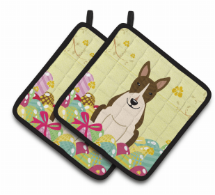 Bull Terrier - Dark Brindle Easter Eggs Dog Pair of Potholders