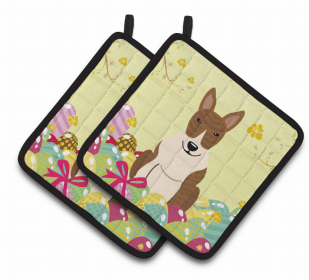 Bull Terrier - Brindle Easter Eggs Dog Pair of Potholders