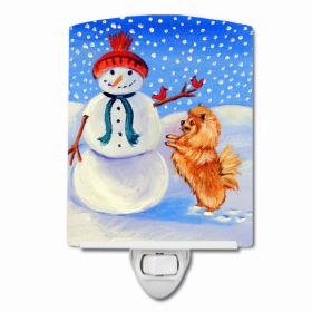 Pomeranian with Winter Snowman Ceramic Night Light