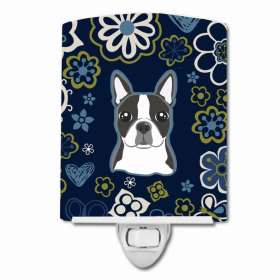 Boston Terrier Blue Flowers Ceramic Night Light