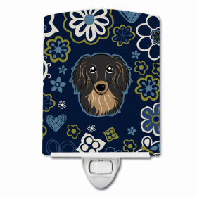 Dachshund - Longhair - Black and Tan - Blue Flowers Ceramic Night Light