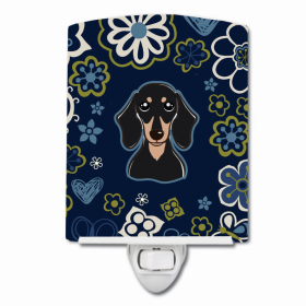 Dachshund - Smooth - Black and Tan - Blue Flowers Ceramic Night Light