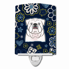 English Bulldog - White - Blue Flowers Ceramic Night Light