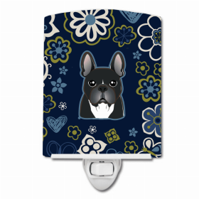 French Bulldog -Black - Blue Flowers Ceramic Night Light