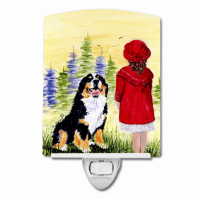 Bernese Mountain Dog with Little Girl in Red Ceramic Night Light