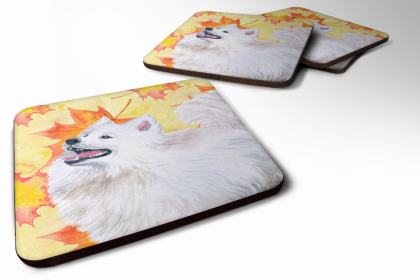 Samoyed Fall Leaves Art Foam Coaster