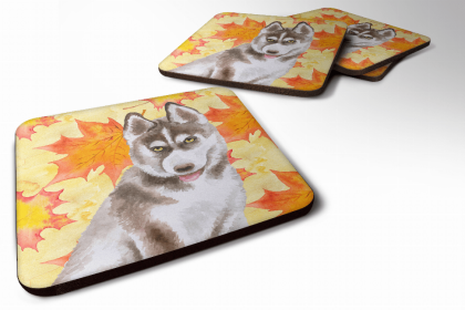 Siberian Husky - Grey Fall Leaves Art Foam Coaster