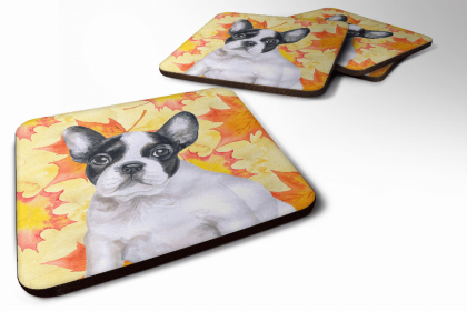 French Bulldog - Black and White Fall Leaves Art Foam Coaster