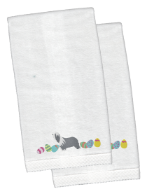 Bearded Collie Easter Dog Design White Embroidered Plush Hand Towel Set of 2