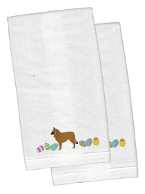 Belgian Sheepdog Easter Dog Design White Embroidered Plush Hand Towel Set of 2