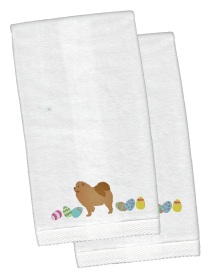 Chow Chow Easter Dog Design White Embroidered Plush Hand Towel Set of 2