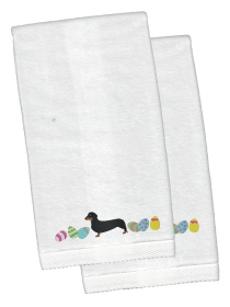 Dachshund Easter Dog Design White Embroidered Plush Hand Towel Set of 2