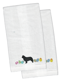 Newfoundland Easter Dog Design White Embroidered Plush Hand Towel Set of 2