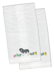 Polish Lowland Sheepdog Easter Dog Design White Embroidered Plush Hand Towel Set of 2